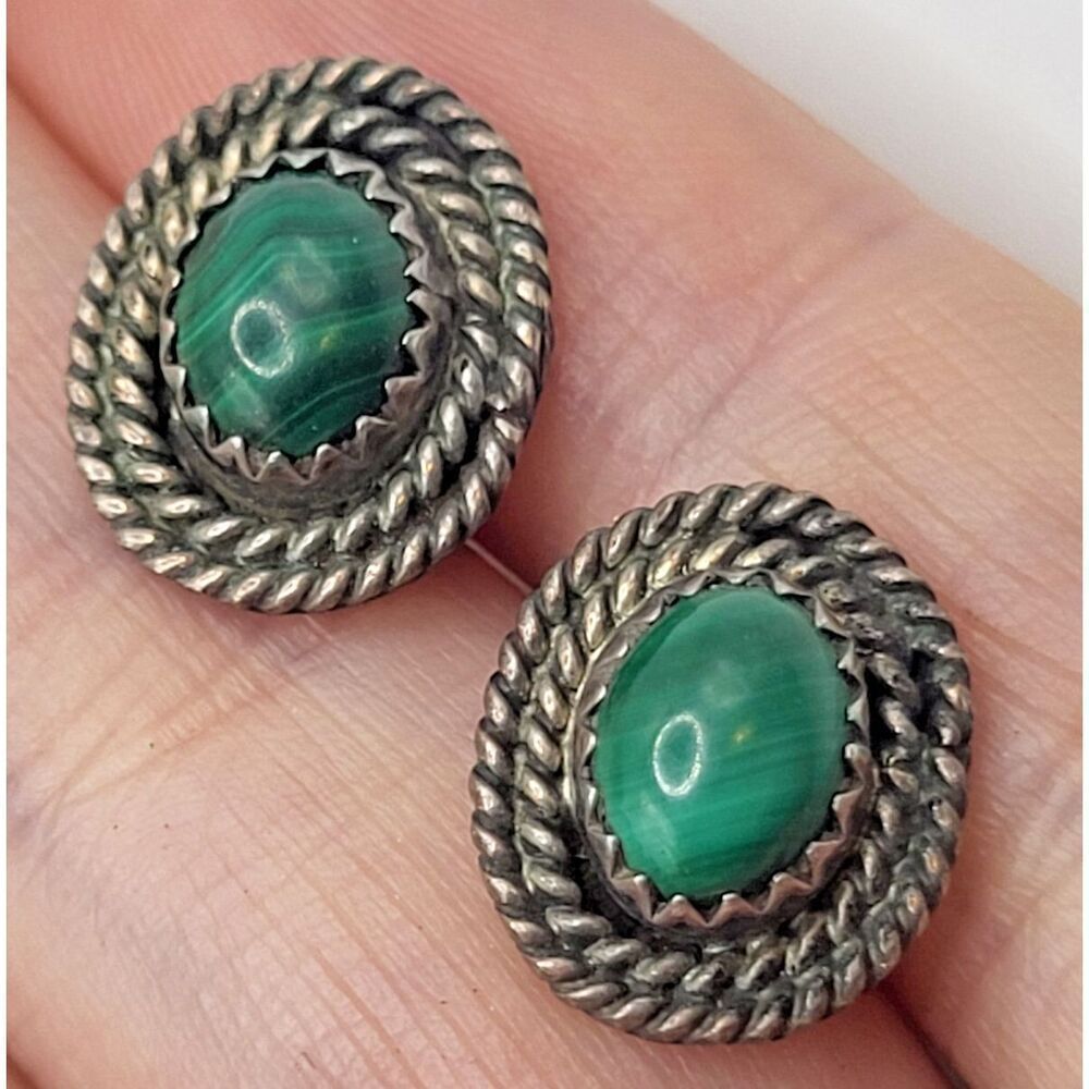 Vintage Malachite Sterling Silver Rope Wrap Style Stud Earrings 14mm